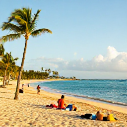Caribbean Holidays, Puerto Rico Multi-Centre, Relaxed golden beach in Puerto Rico with palm trees, calm turquoise water and visitors enjoying a sunny March afternoon