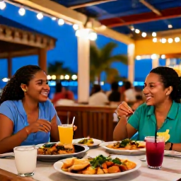 Caribbean Holidays, Puerto Rico Multi-Country, Friendly Caribbean restaurant scene with local Puerto Rican food, tropical drinks and evening lights
