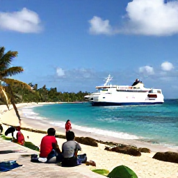 Caribbean Holidays, Puerto Rico Multi-Country, Island-hopping scene with a Caribbean ferry, tropical coastline and travellers preparing for a multi-country holiday