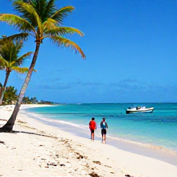 Caribbean Holidays, Puerto Rico Multi-Country Trips, A relaxed Caribbean island beach with turquoise water, palm trees, a small boat and travellers exploring the shoreline