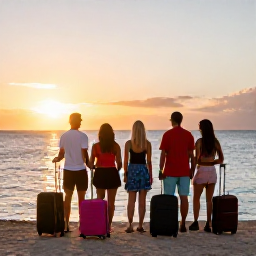 Caribbean Holidays, Puerto Rico Multi-Country Trips, Friendly travellers enjoying a sunset beside a Caribbean sea, with luggage ready for an island-hopping journey
