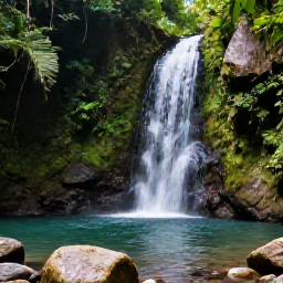 Caribbean Holidays, Puerto Rico Nature, A clear waterfall and natural swimming pool in El Yunque rainforest, Puerto Rico, surrounded by tropical vegetation and smooth rocks
