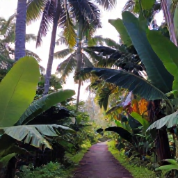 Caribbean Holidays, Puerto Rico Nature, A lush tropical rainforest in Puerto Rico in May, with towering palms, broad green leaves and a clear walking trail beneath soft morning light
