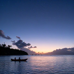 Caribbean Holidays, Puerto Rico Nature, A peaceful sunset over a bioluminescent bay in Puerto Rico, with kayaks on dark blue water and a star-filled sky