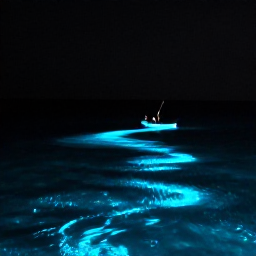 Caribbean Holidays, Puerto Rico Nature, Bioluminescent bay in Puerto Rico at night, with a kayak leaving a glowing blue-green trail through dark water