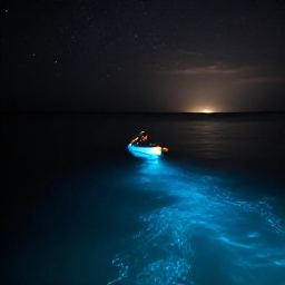 Caribbean Holidays, Puerto Rico Nature, Bioluminescent bay in Puerto Rico at night, with a kayak leaving a glowing blue trail across dark calm water