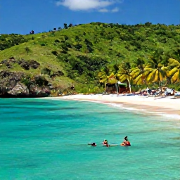 Caribbean Holidays, Puerto Rico Nature, Calm turquoise bay and sandy beach on the Puerto Rico coast, with snorkellers, palm trees and green hills in the background