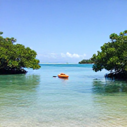 Caribbean Holidays, Puerto Rico Nature, Calm turquoise lagoon in Puerto Rico with mangrove trees, a kayak and a peaceful tropical shoreline under clear January skies