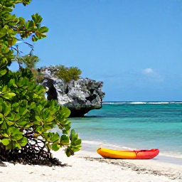Caribbean Holidays, Puerto Rico Nature, Calm turquoise sea beside a Puerto Rican beach, with mangroves, limestone rocks and a small kayak in the foreground