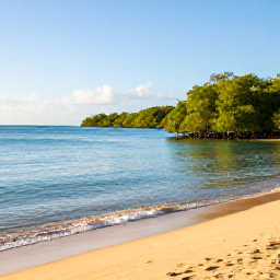 Caribbean Holidays, Puerto Rico Nature, Calm turquoise sea, golden beach and mangrove-lined lagoon in Puerto Rico on a sunny February morning