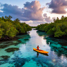 Caribbean Holidays, Puerto Rico Nature, Clear turquoise water, mangrove channels and a small kayak on a calm bioluminescent bay in Puerto Rico at dusk