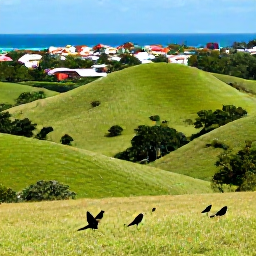 Caribbean Holidays, Puerto Rico Nature, Colourful Puerto Rican countryside with rolling green hills, native birds and a small coastal village in the distance