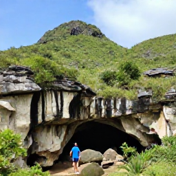 Caribbean Holidays, Puerto Rico Nature, Dramatic Puerto Rican karst landscape with green hills, limestone cliffs and a visitor exploring a cave entrance near Arecibo