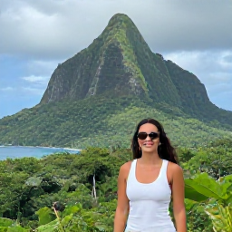 Caribbean Holidays, Puerto Rico Nature, Friendly traveller enjoying a scenic Puerto Rico nature holiday with rainforest-covered mountains and the coast in the background