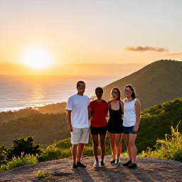 Caribbean Holidays, Puerto Rico Nature, Friendly travellers enjoying a scenic Puerto Rico nature holiday viewpoint at sunset, with green hills, coastline and warm golden light