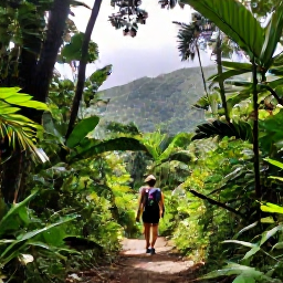 Caribbean Holidays, Puerto Rico Nature, Hiker on a shaded trail in El Yunque National Forest, Puerto Rico, surrounded by tropical foliage and mountain scenery