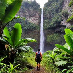 Caribbean Holidays, Puerto Rico Nature, Hiker walking through a green Puerto Rican rainforest towards a waterfall, with tropical plants and mountain scenery