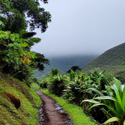 Caribbean Holidays, Puerto Rico Nature, Hiking trail through the green mountains of central Puerto Rico, with misty hills, tropical foliage and a small stream