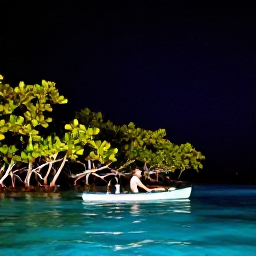 Caribbean Holidays, Puerto Rico Nature, Kayak glowing bioluminescent water in a Puerto Rican bay at night, with mangroves and a starry sky
