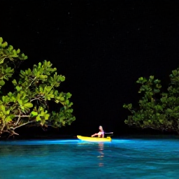Caribbean Holidays, Puerto Rico Nature, Kayaker gliding through the glowing bioluminescent waters of Laguna Grande in Puerto Rico at night, surrounded by mangroves and stars