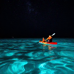Caribbean Holidays, Puerto Rico Nature, Kayakers gliding across a glowing bioluminescent bay at night in Puerto Rico, with blue-green light sparkling in the water beneath a starry sky