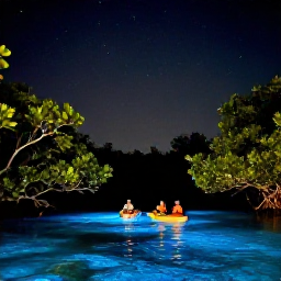 Caribbean Holidays, Puerto Rico Nature, Kayakers glowing on a bioluminescent lagoon at night in Puerto Rico, surrounded by dark mangroves and stars