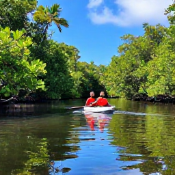 Caribbean Holidays, Puerto Rico Nature, Kayakers paddling through calm mangrove channels near Fajardo, Puerto Rico, with tropical foliage reflected in the water