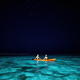 Caribbean Holidays, Puerto Rico Nature, Kayakers paddling through the glowing blue-green waters of a Puerto Rico bioluminescent bay under a dark starry sky