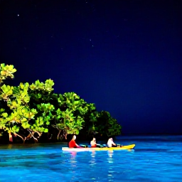 Caribbean Holidays, Puerto Rico Nature, Kayakers paddling through the glowing blue waters of Mosquito Bay in Vieques at night, surrounded by mangroves and a starry sky