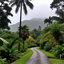 Caribbean Holidays, Puerto Rico Nature, Lush El Yunque National Forest in Puerto Rico after light September rain, with palm trees, misty mountains and a walking trail
