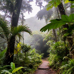 Caribbean Holidays, Puerto Rico Nature, Lush El Yunque National Forest in Puerto Rico during a bright January morning, with tropical foliage, mountain mist and a walking trail
