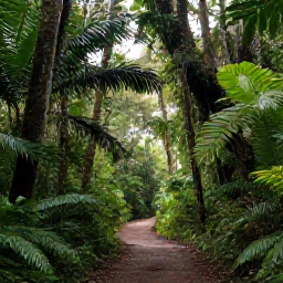 Caribbean Holidays, Puerto Rico Nature, Lush El Yunque rainforest in January, with tropical foliage, a clear trail and soft morning light
