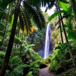 Caribbean Holidays, Puerto Rico Nature, Lush El Yunque rainforest in Puerto Rico during April, with towering palms, bright green foliage, a clear waterfall and a walking trail