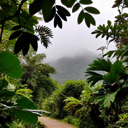 Caribbean Holidays, Puerto Rico Nature, Lush El Yunque rainforest in Puerto Rico during June, with tropical leaves, misty mountains and a gentle forest trail