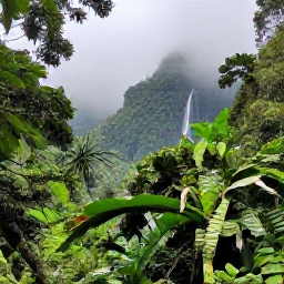 Caribbean Holidays, Puerto Rico Nature, Lush El Yunque rainforest in Puerto Rico during October, with misty green mountains, tropical trees and a gentle waterfall