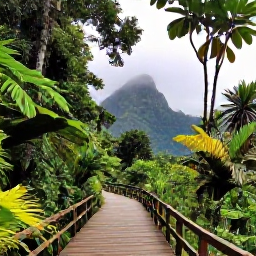 Caribbean Holidays, Puerto Rico Nature, Lush El Yunque rainforest in Puerto Rico with misty mountains, tropical foliage and a wooden walking trail