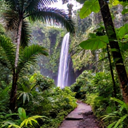 Caribbean Holidays, Puerto Rico Nature, Lush El Yunque rainforest in Puerto Rico with tall palms, dense green foliage, a flowing waterfall and a clear walking trail