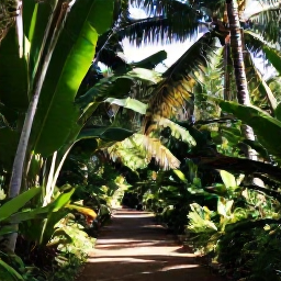 Caribbean Holidays, Puerto Rico Nature, Lush Puerto Rican rainforest in August, with tall palms, tropical plants and a sunlit walking trail