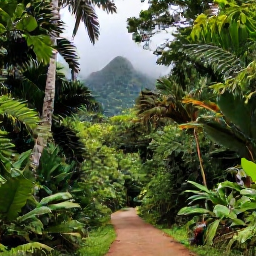 Caribbean Holidays, Puerto Rico Nature, Lush Puerto Rican rainforest in July with tropical foliage, misty mountains and a walking trail