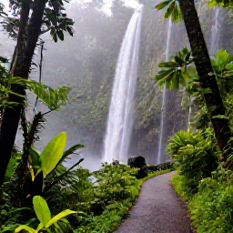 Caribbean Holidays, Puerto Rico Nature, Misty green rainforest in El Yunque National Forest, Puerto Rico, with a waterfall, tropical plants and a walking trail