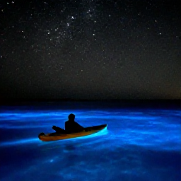 Caribbean Holidays, Puerto Rico Nature, Puerto Rico bioluminescent bay at night with a kayak gliding through glowing blue water beneath a starry sky