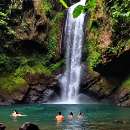 Caribbean Holidays, Puerto Rico Nature, Puerto Rico waterfall surrounded by tropical rainforest, with travellers swimming in a clear natural pool beneath lush green vegetation