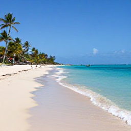 Caribbean Holidays, Puerto Rico Nature, Quiet golden beach at Playa Flamenco on Culebra, Puerto Rico, with clear turquoise water, palm trees and snorkellers