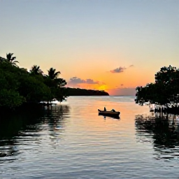 Caribbean Holidays, Puerto Rico Nature, Quiet mangrove lagoon in Puerto Rico at sunset with a small kayak on calm water and tropical shoreline