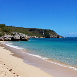 Caribbean Holidays, Puerto Rico Nature, Quiet Puerto Rican beach and rocky coastline in October, with clear turquoise water, golden sand and distant green hills