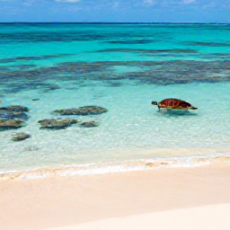 Caribbean Holidays, Puerto Rico Nature, Quiet Puerto Rican beach with turquoise water, coral reefs and a sea turtle swimming near the shore in bright March sunshine