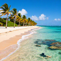 Caribbean Holidays, Puerto Rico Nature, Quiet Puerto Rican beach with turquoise water, golden sand, palm trees and a snorkeller exploring a colourful shallow reef