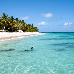 Caribbean Holidays, Puerto Rico Nature, Quiet Puerto Rico beach with clear turquoise water, palm trees and a snorkeller exploring a coral reef
