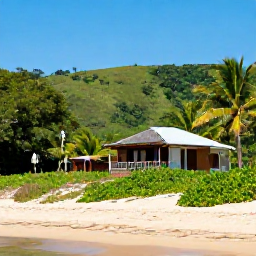 Caribbean Holidays, Puerto Rico Nature, Relaxed nature holiday scene in Puerto Rico with a sandy beach, green hills, tropical vegetation and a small eco-friendly guesthouse