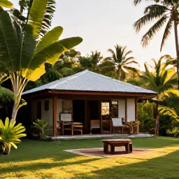 Caribbean Holidays, Puerto Rico Nature, Relaxed Puerto Rican eco-lodge surrounded by tropical greenery at golden hour, with a simple outdoor seating area